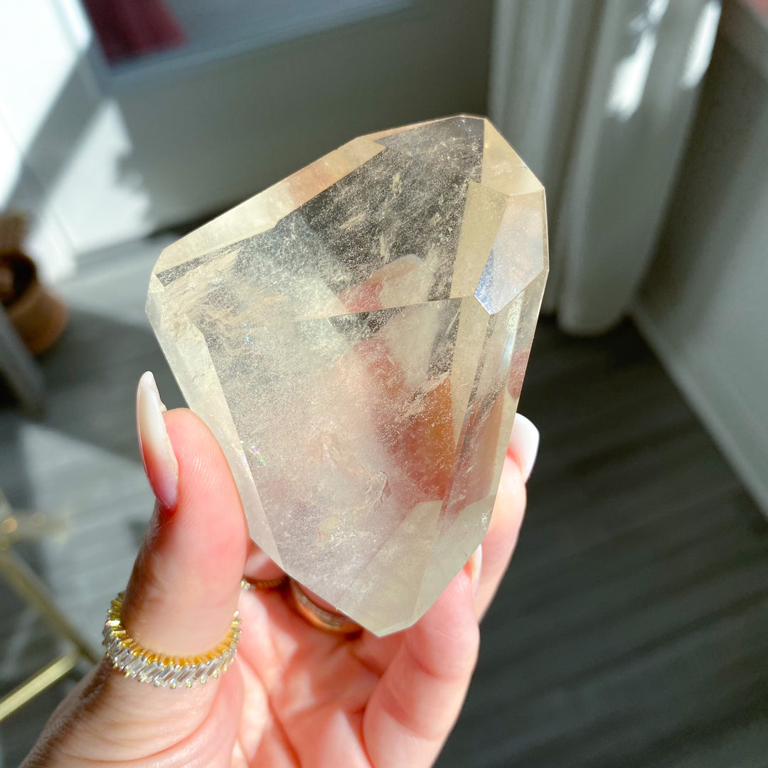 Faceted Natural Citrine on Stand with Rainbows 