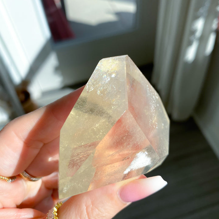 Faceted Natural Citrine on Stand with Rainbows 