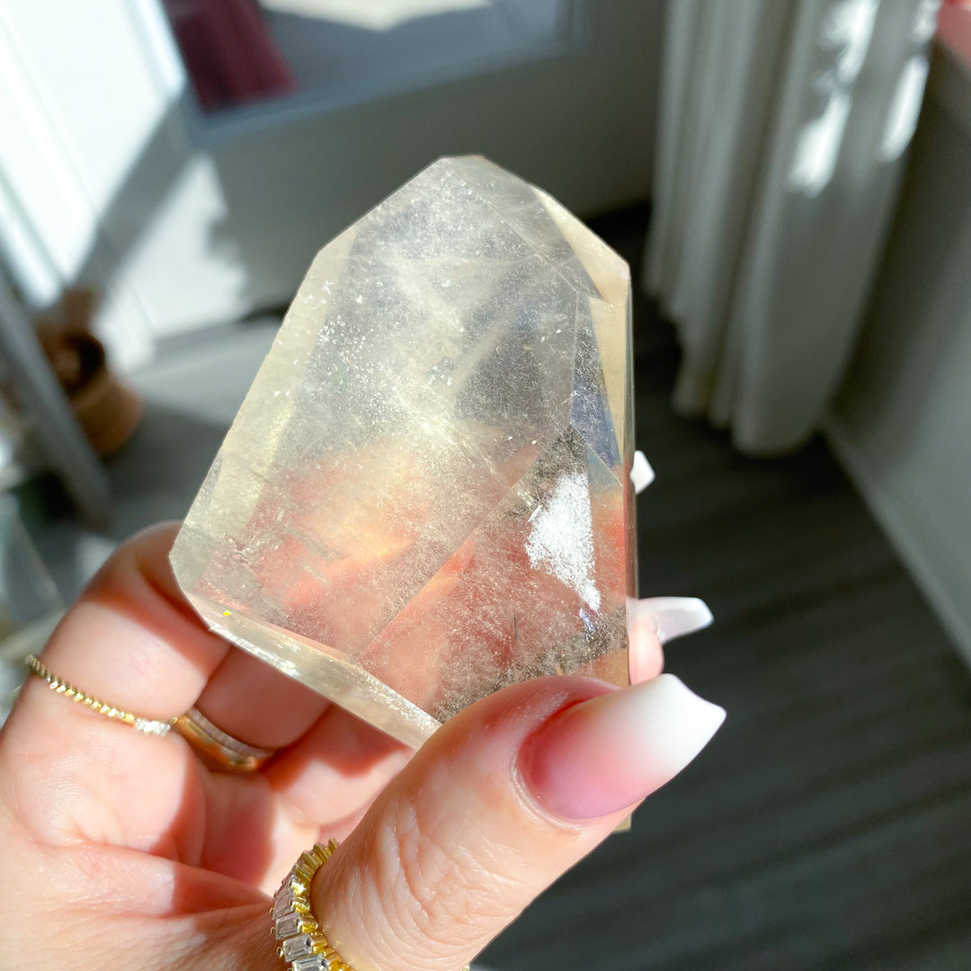 Faceted Natural Citrine on Stand with Rainbows 