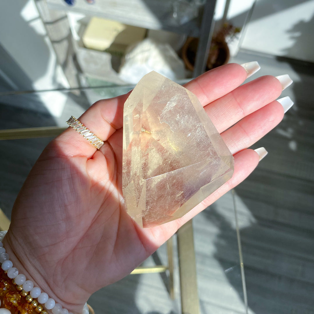 Faceted Natural Citrine on Stand with Rainbows 