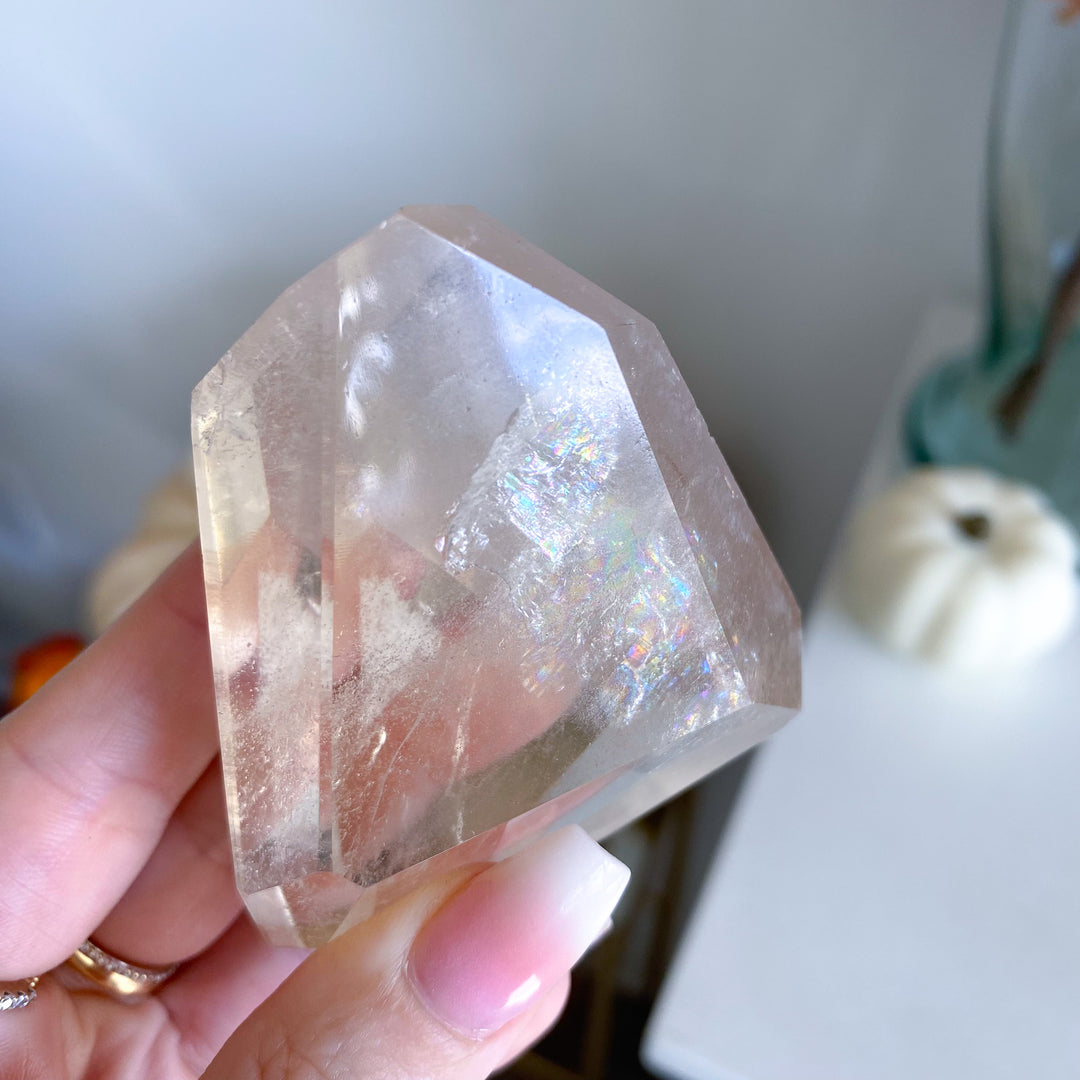 Faceted Natural Citrine on Stand with Rainbows 