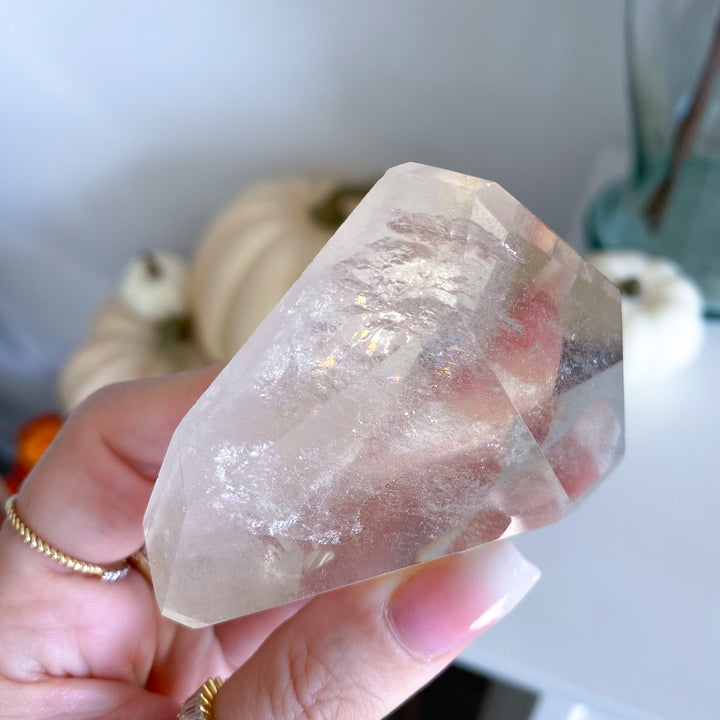 Faceted Natural Citrine on Stand with Rainbows 