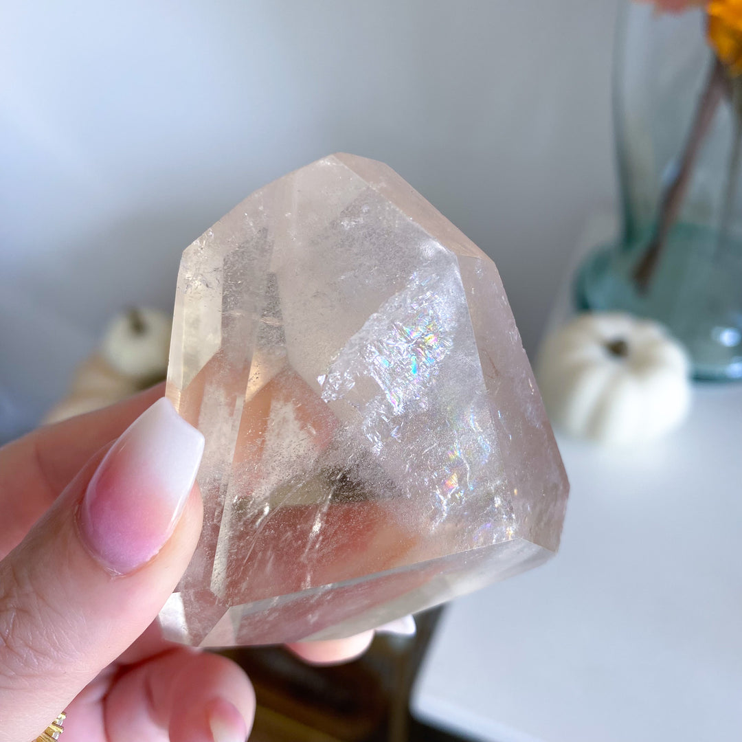 Faceted Natural Citrine on Stand with Rainbows 