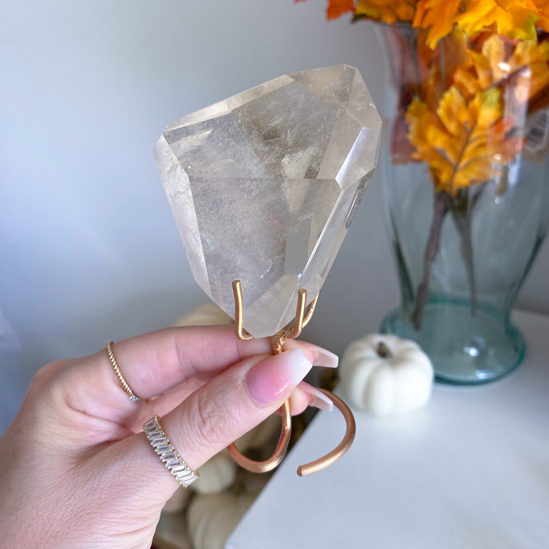 Faceted Natural Citrine on Stand with Rainbows 