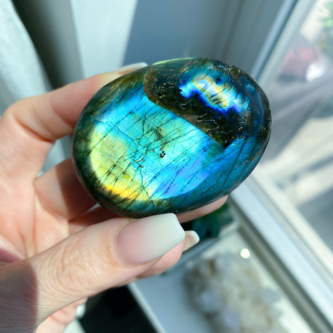 Blue, Yellow Labradorite Palm Stone 