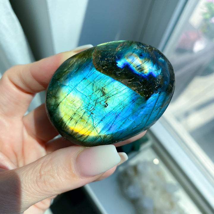 Blue, Yellow Labradorite Palm Stone 