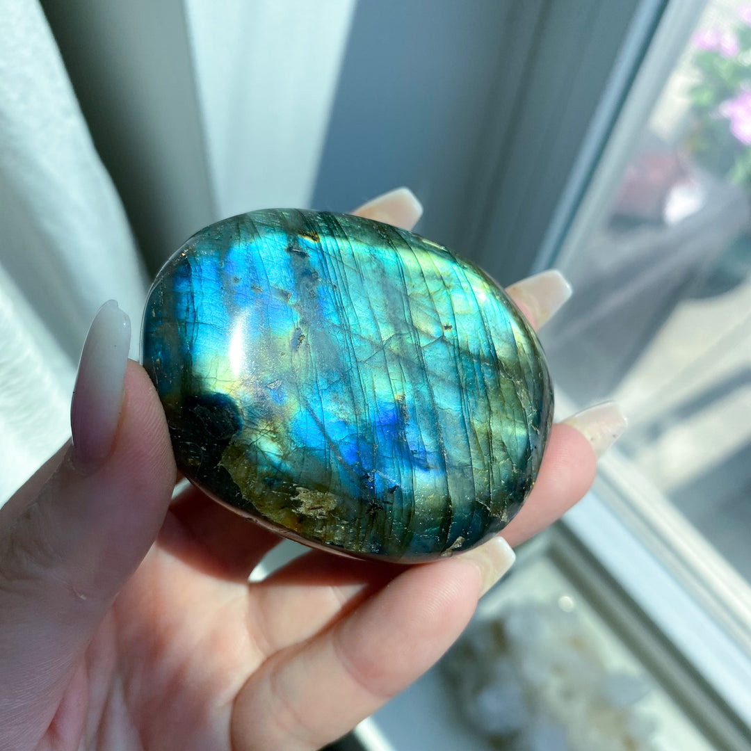 Flashy Golden Blue Labradorite Palm Stone 