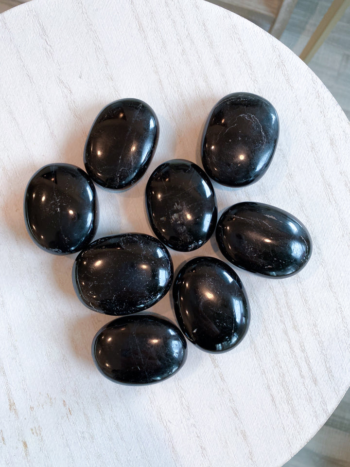 SHINY Black Tourmaline Palm Stone: Protection, Grounding