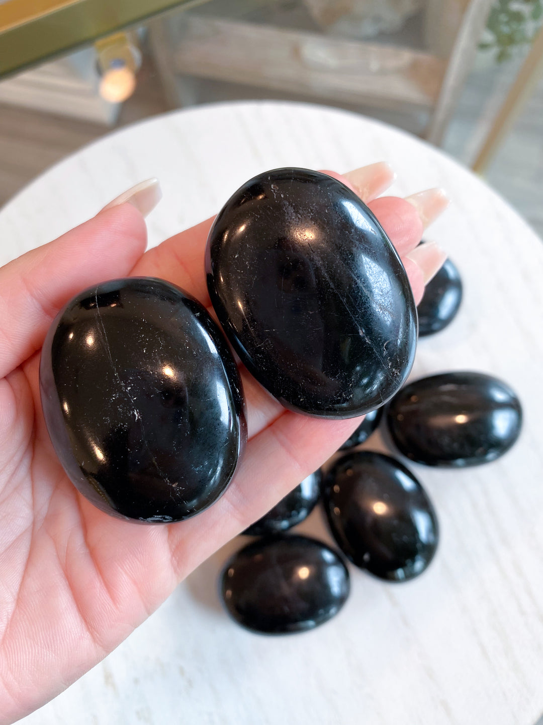 SHINY Black Tourmaline Palm Stone: Protection, Grounding