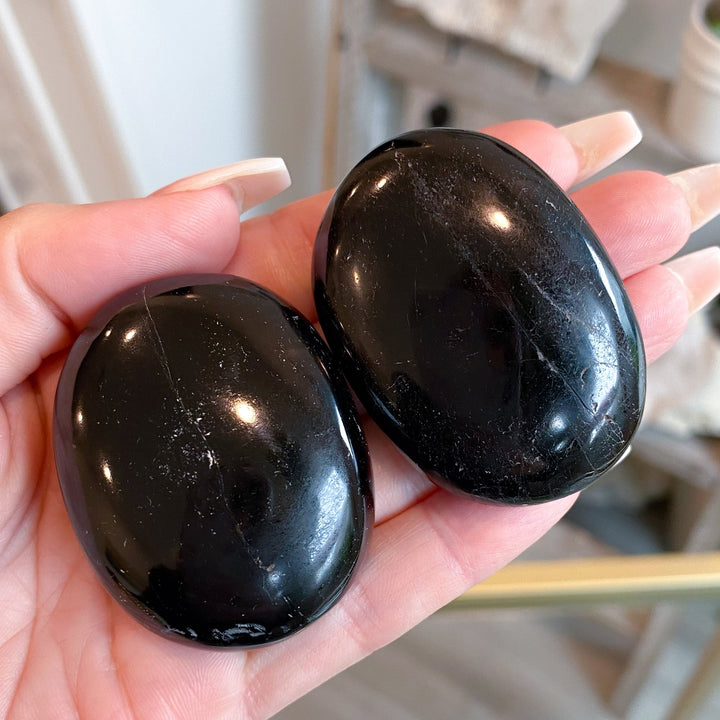 SHINY Black Tourmaline Palm Stone: Protection, Grounding