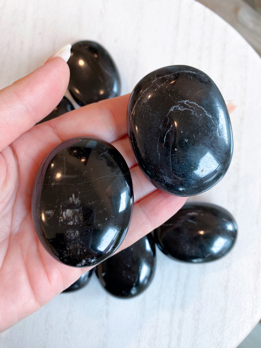 SHINY Black Tourmaline Palm Stone: Protection, Grounding