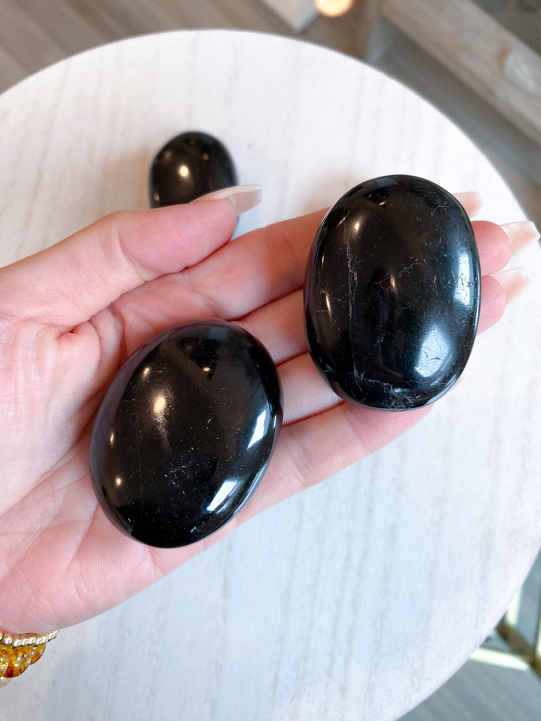 SHINY Black Tourmaline Palm Stone: Protection, Grounding