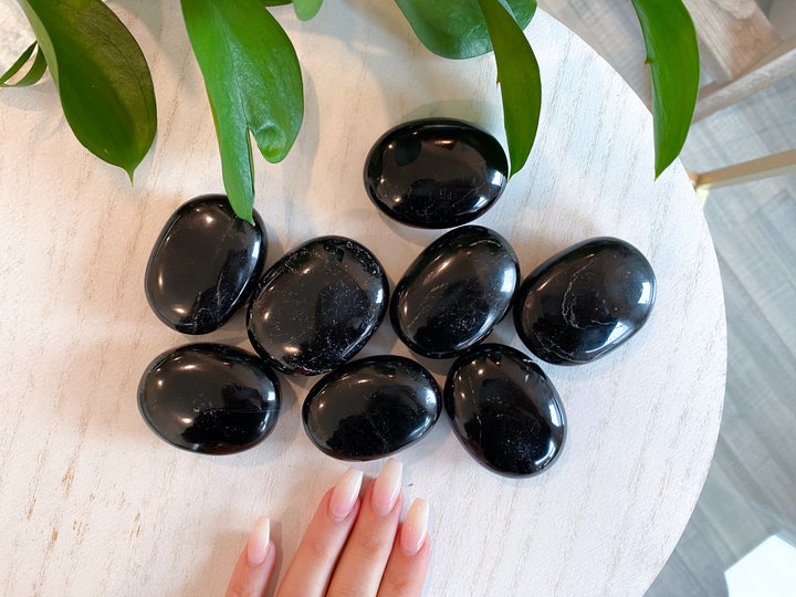 SHINY Black Tourmaline Palm Stone: Protection, Grounding