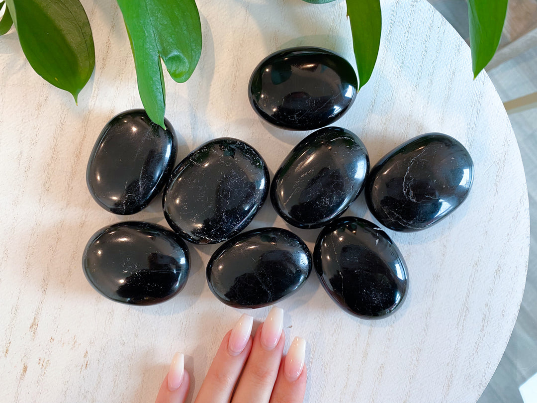 SHINY Black Tourmaline Palm Stone: Protection, Grounding