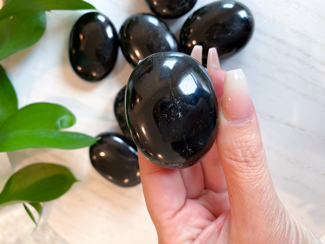 SHINY Black Tourmaline Palm Stone: Protection, Grounding