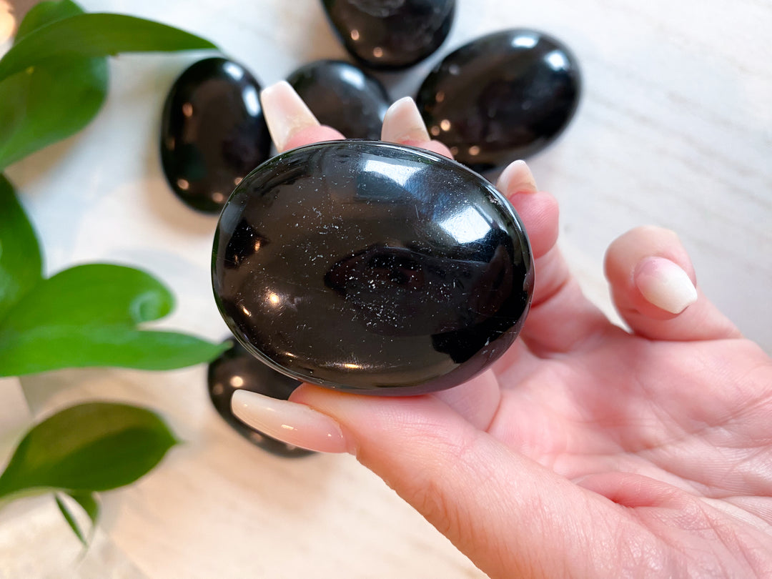 SHINY Black Tourmaline Palm Stone: Protection, Grounding