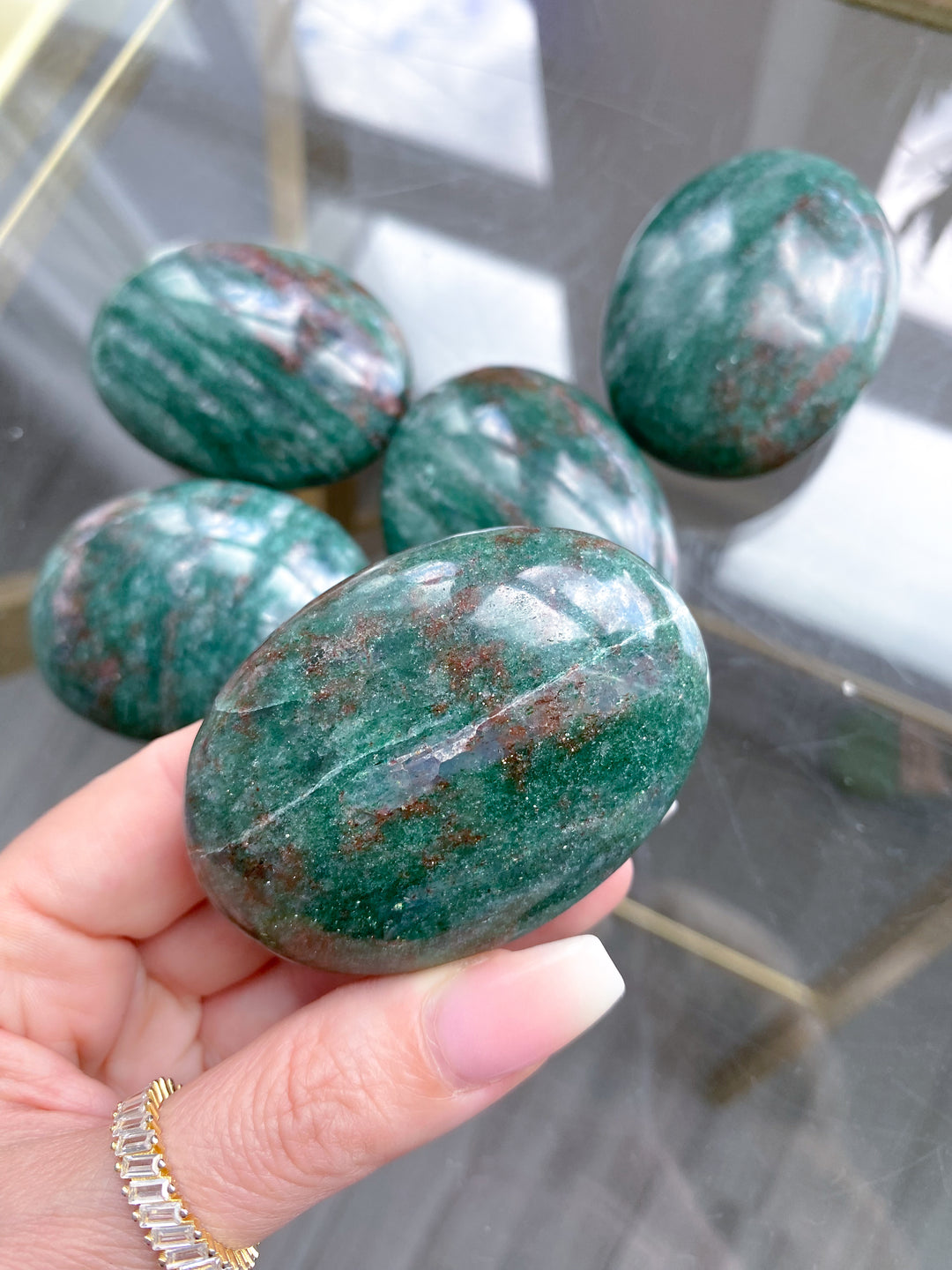 Christmas Green Aventurine, w/ Red Hematite Palm Stone