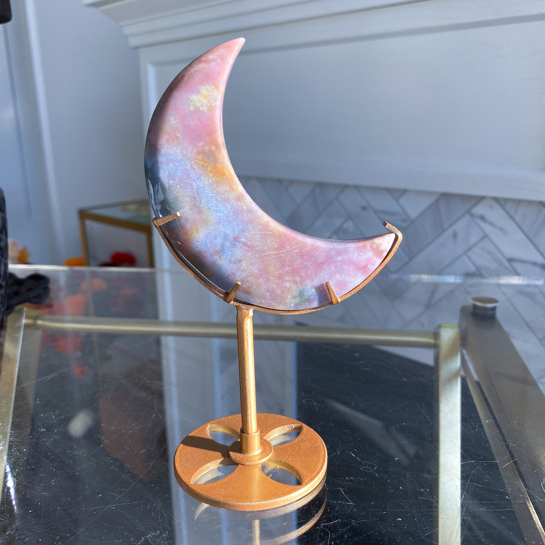 Pink &amp; Lavender Ocean Jasper Moon on Gold Stand 
