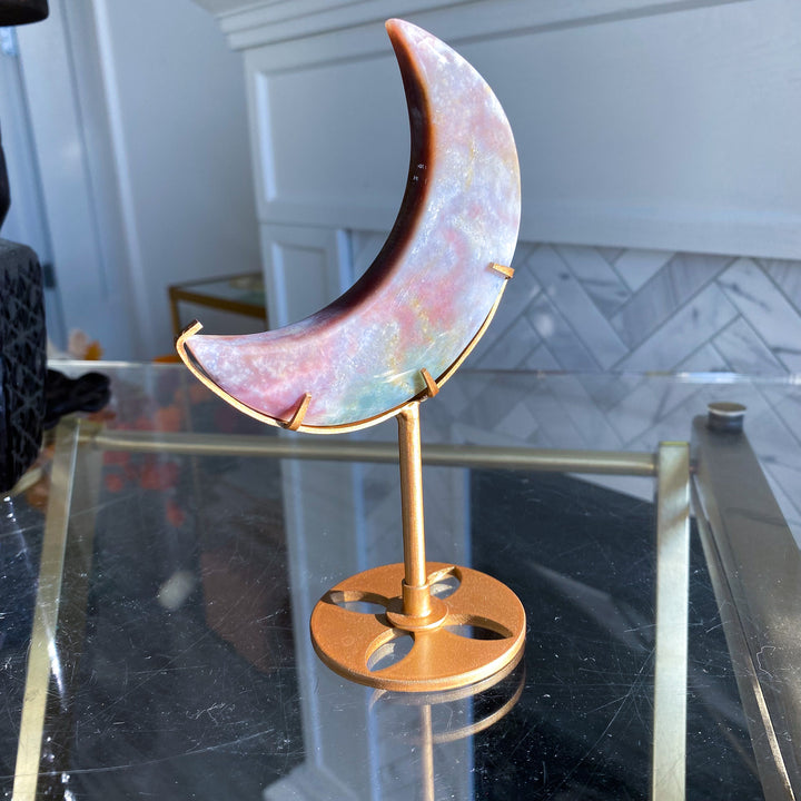 Pink &amp; Lavender Ocean Jasper Moon on Gold Stand 
