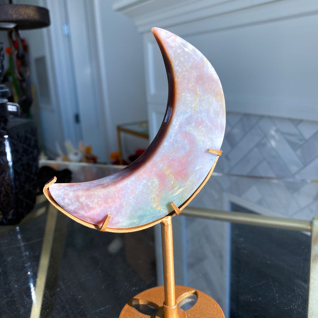 Pink &amp; Lavender Ocean Jasper Moon on Gold Stand 