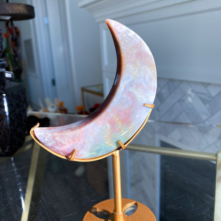 Pink &amp; Lavender Ocean Jasper Moon on Gold Stand 