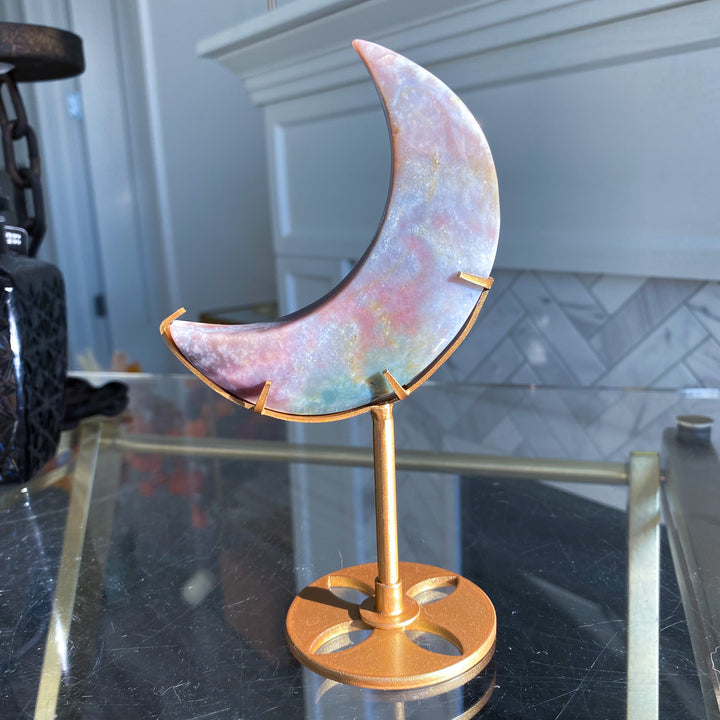 Pink &amp; Lavender Ocean Jasper Moon on Gold Stand 