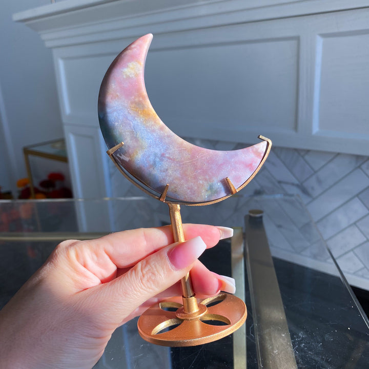 Pink &amp; Lavender Ocean Jasper Moon on Gold Stand 