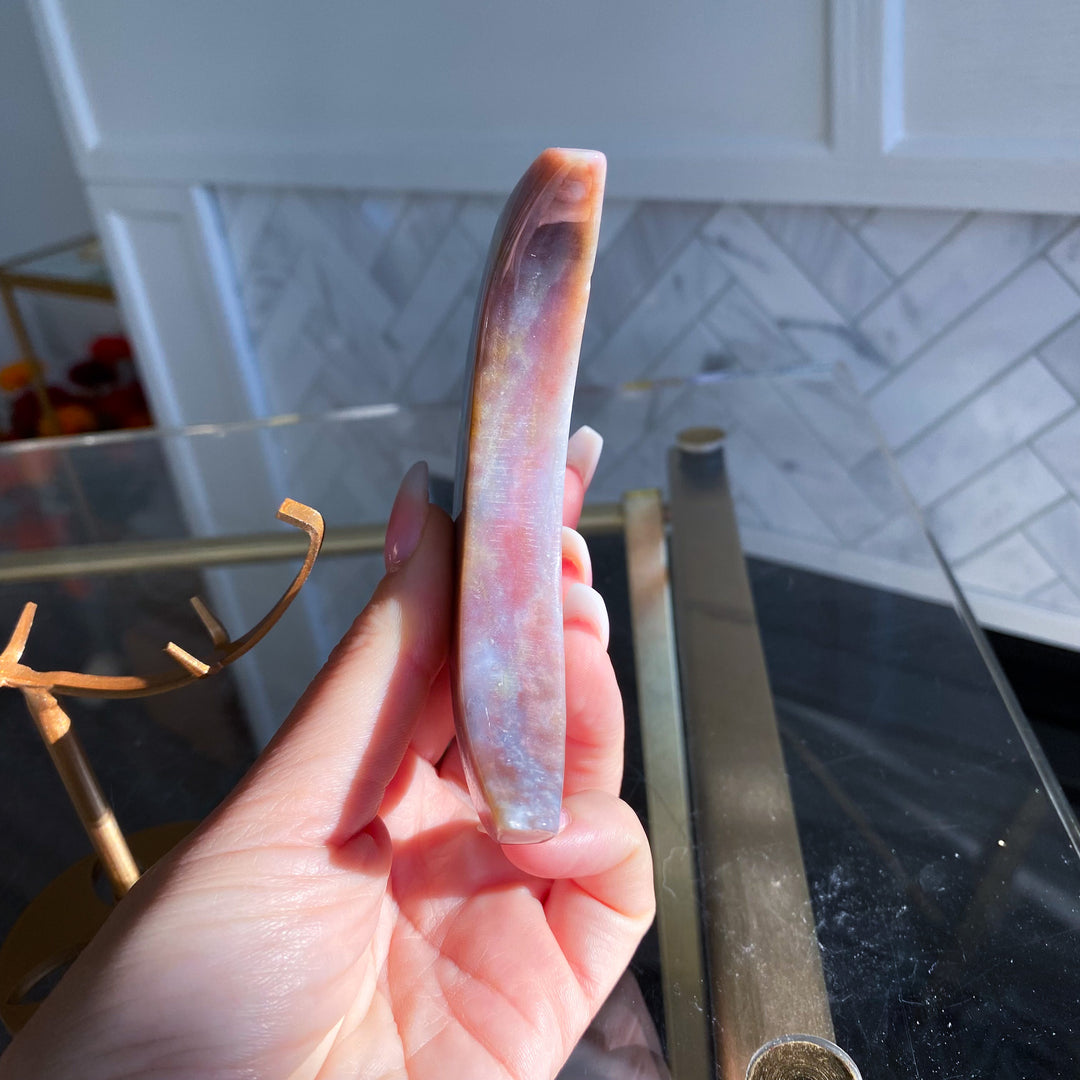Pink &amp; Lavender Ocean Jasper Moon on Gold Stand 