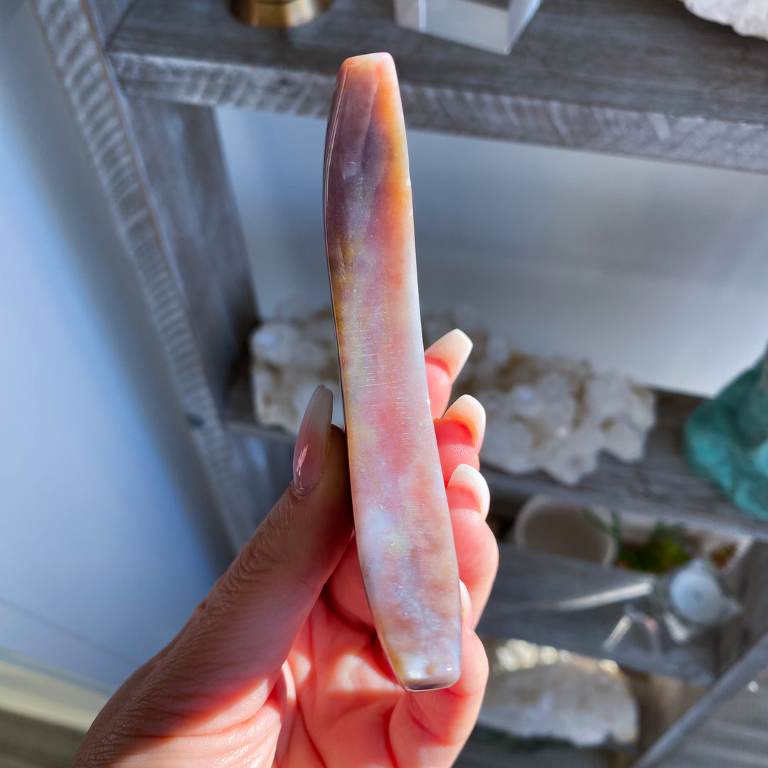 Pink &amp; Lavender Ocean Jasper Moon on Gold Stand 