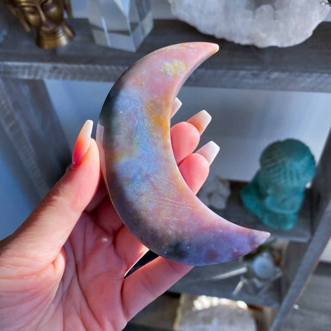 Pink &amp; Lavender Ocean Jasper Moon on Gold Stand 