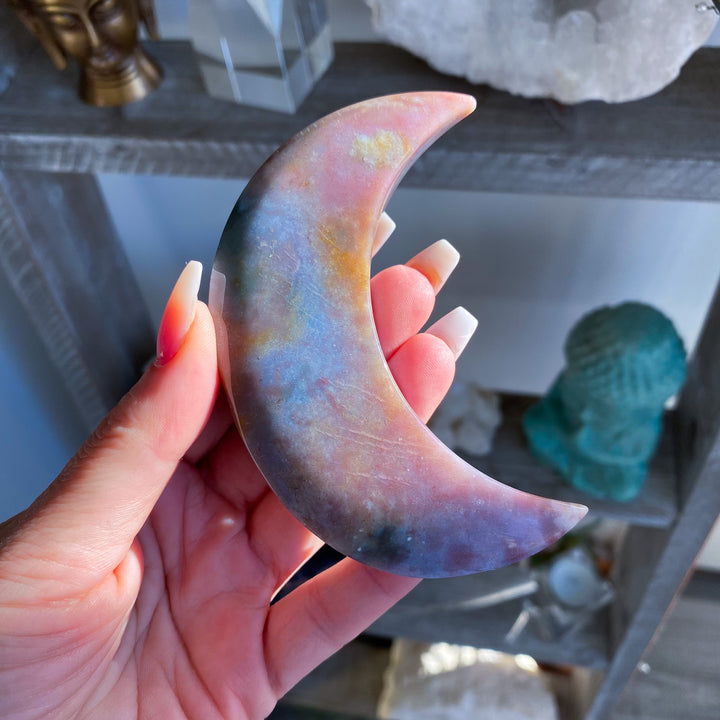 Pink &amp; Lavender Ocean Jasper Moon on Gold Stand 