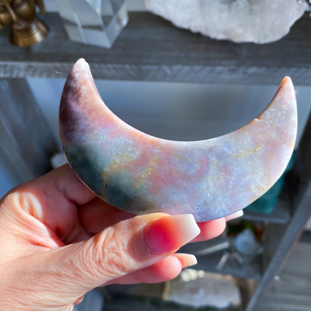Pink &amp; Lavender Ocean Jasper Moon on Gold Stand 