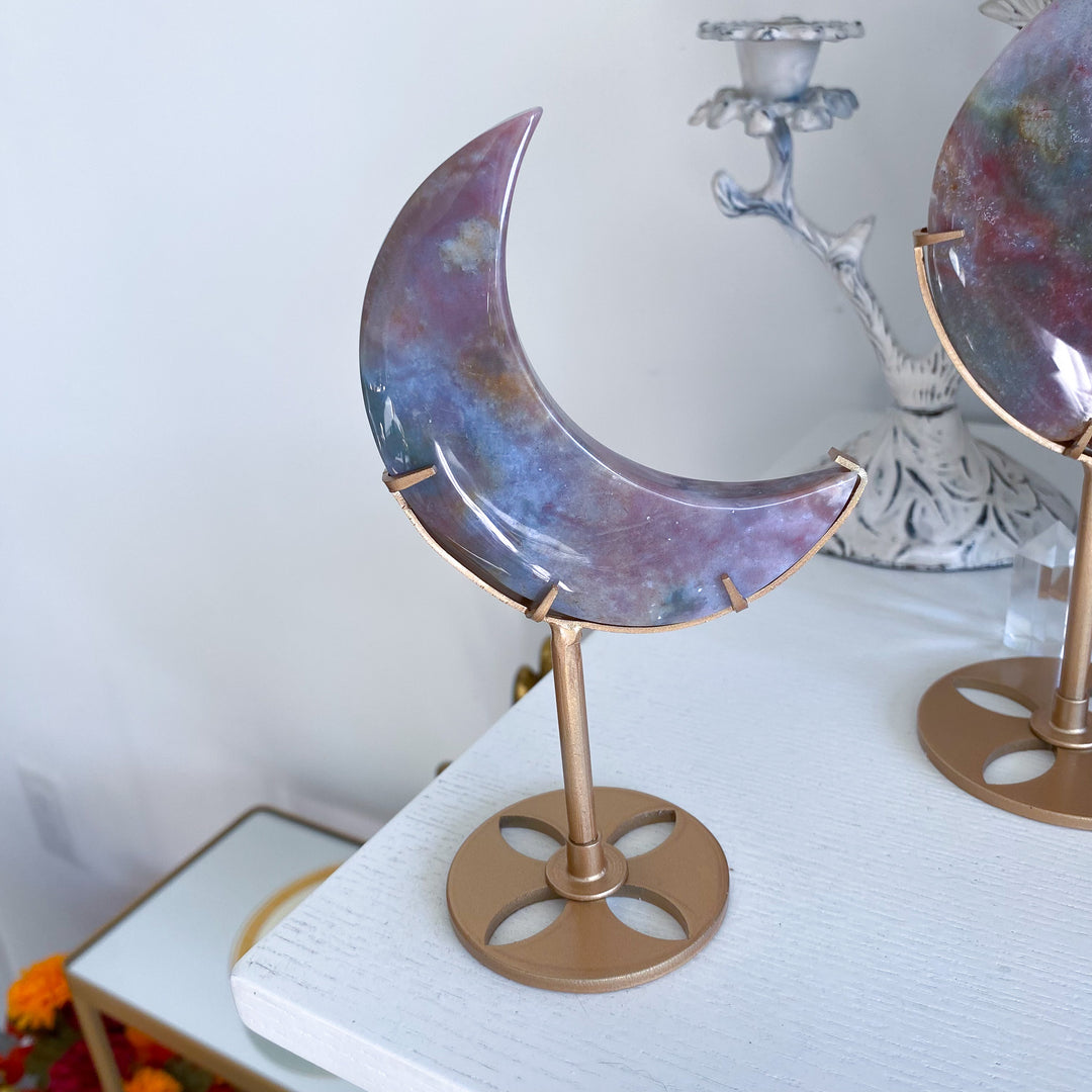 Pink &amp; Lavender Ocean Jasper Moon on Gold Stand 
