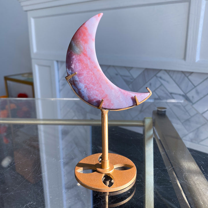 Pink Ocean Jasper Moon on Gold Stand 