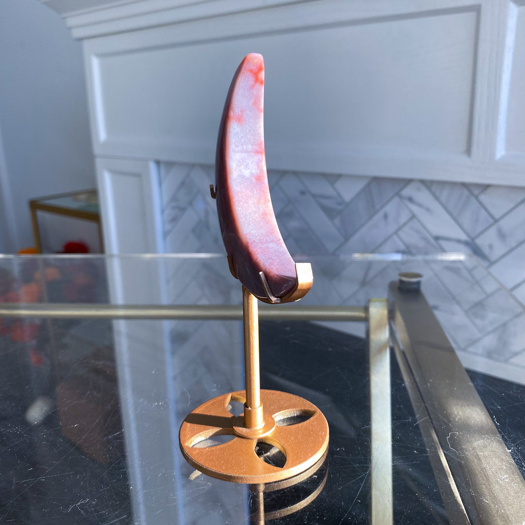 Pink Ocean Jasper Moon on Gold Stand 