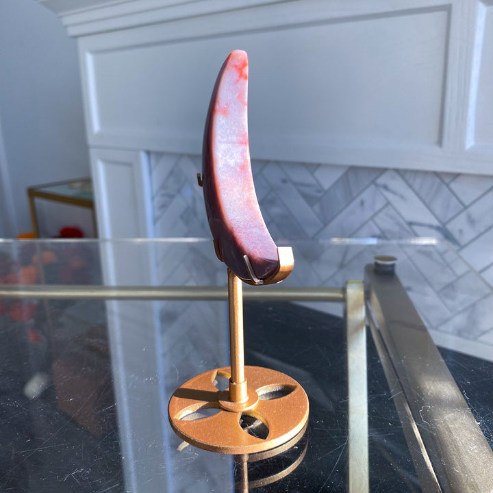 Pink Ocean Jasper Moon on Gold Stand 