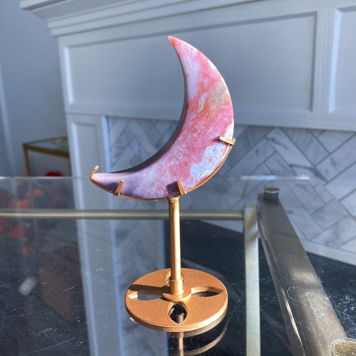 Pink Ocean Jasper Moon on Gold Stand 