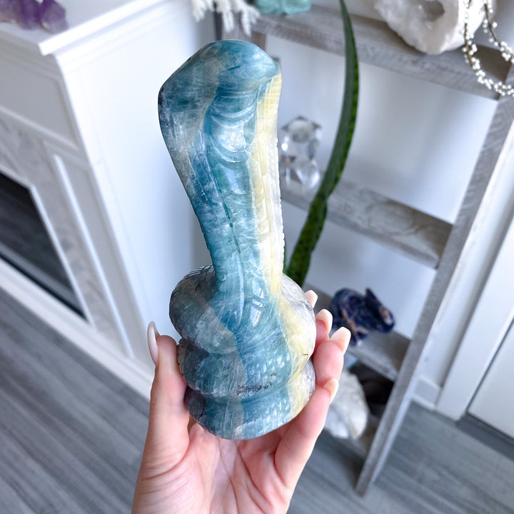 Blue Fluorite with White Stripe Snake 6" - Cobra Carving