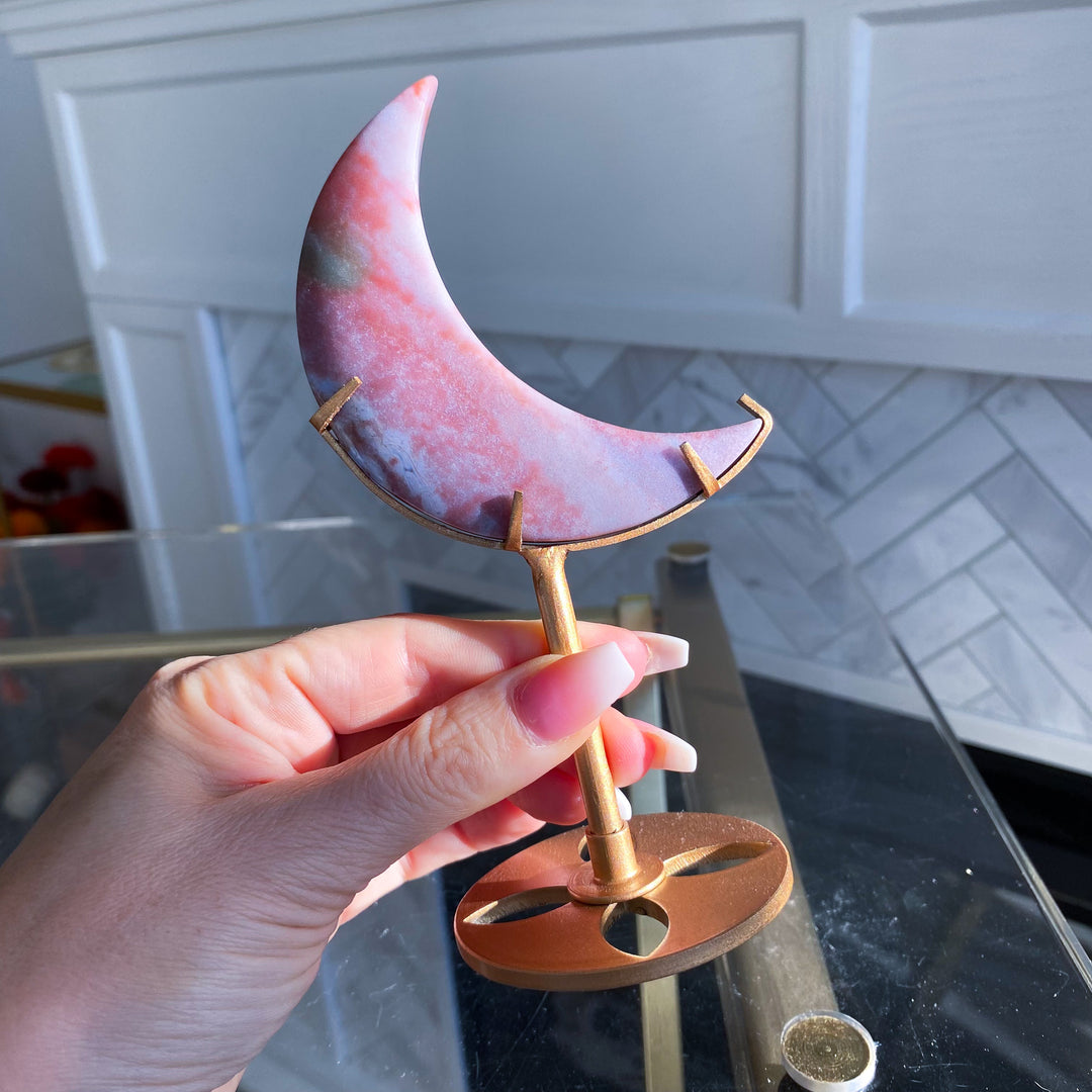 Pink Ocean Jasper Moon on Gold Stand 