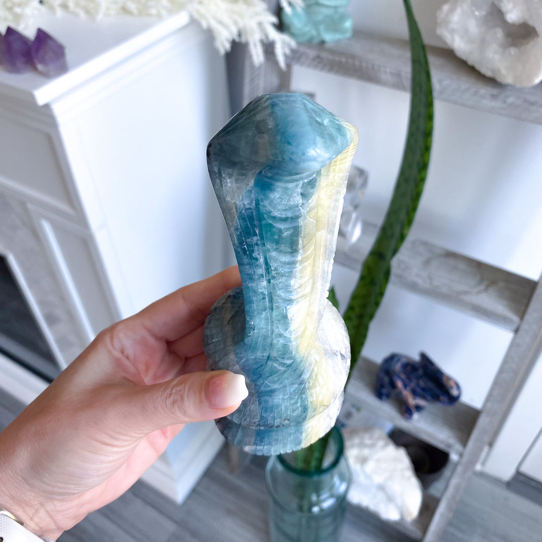 Blue Fluorite with White Stripe Snake 6" - Cobra Carving