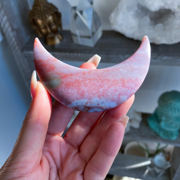 Pink Ocean Jasper Moon on Gold Stand 