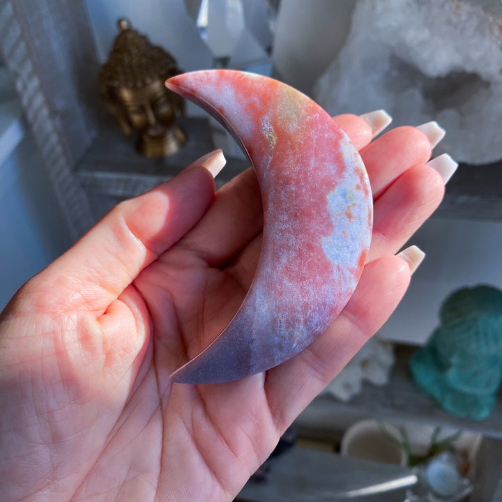 Pink Ocean Jasper Moon on Gold Stand 