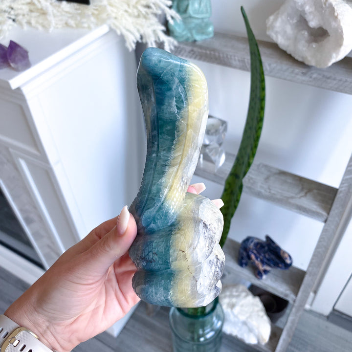Blue Fluorite with White Stripe Snake 6" - Cobra Carving