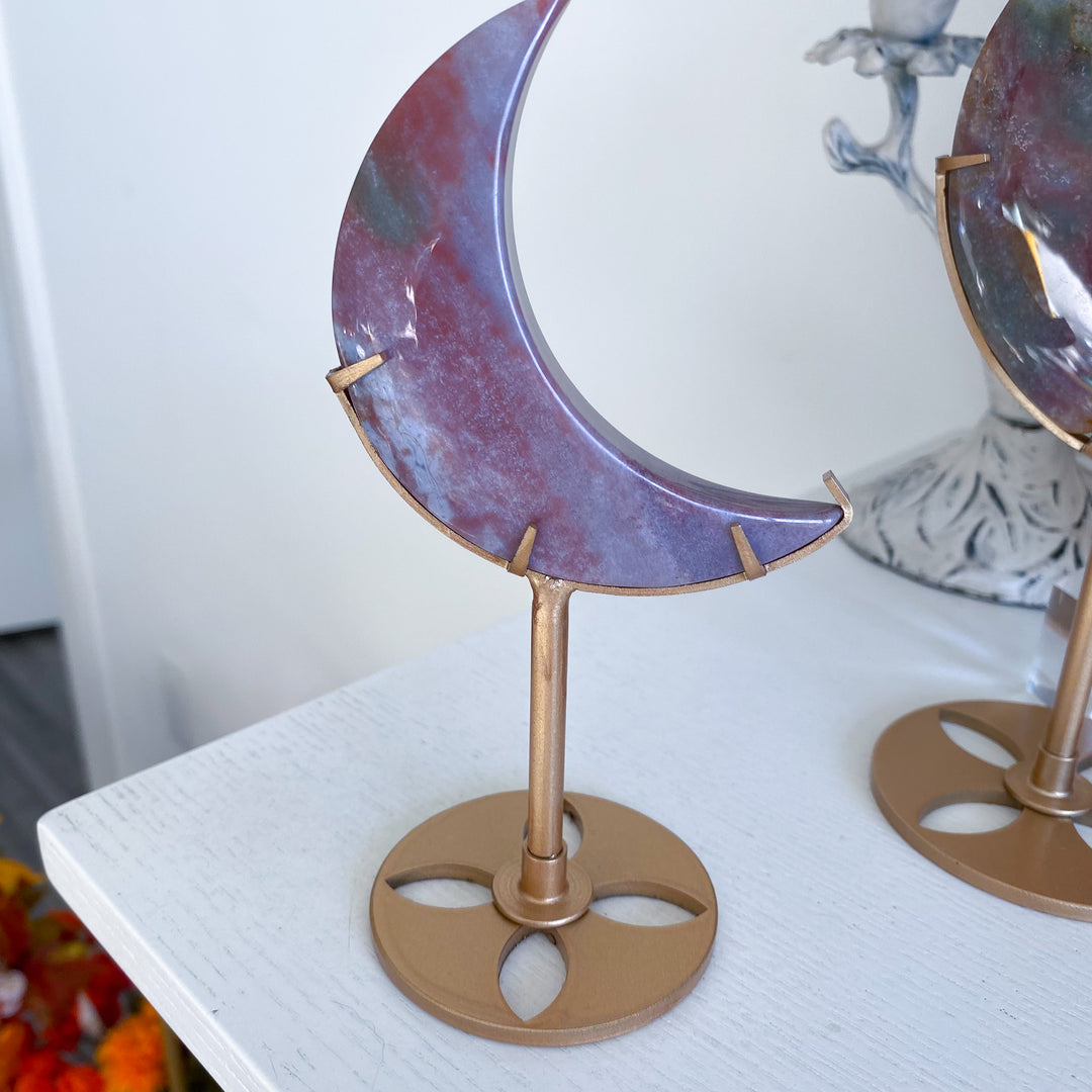 Pink Ocean Jasper Moon on Gold Stand 