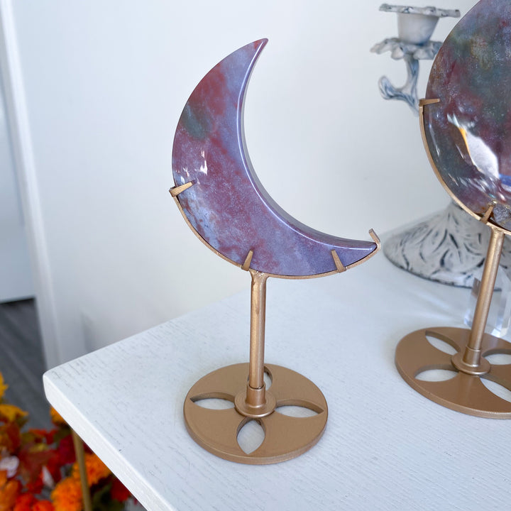 Pink Ocean Jasper Moon on Gold Stand 