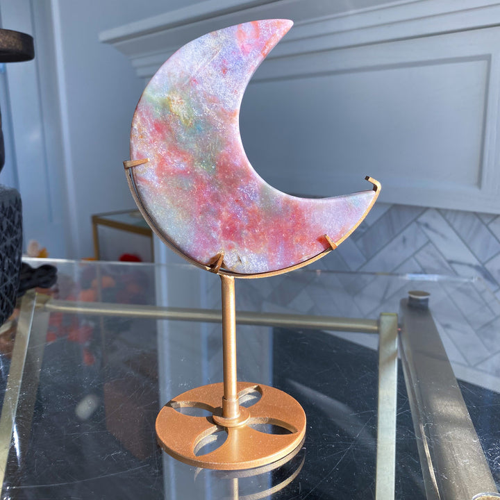 Large Pastel Ocean Jasper Moon on Gold Stand 