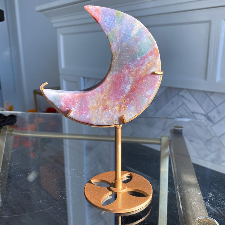 Large Pastel Ocean Jasper Moon on Gold Stand 