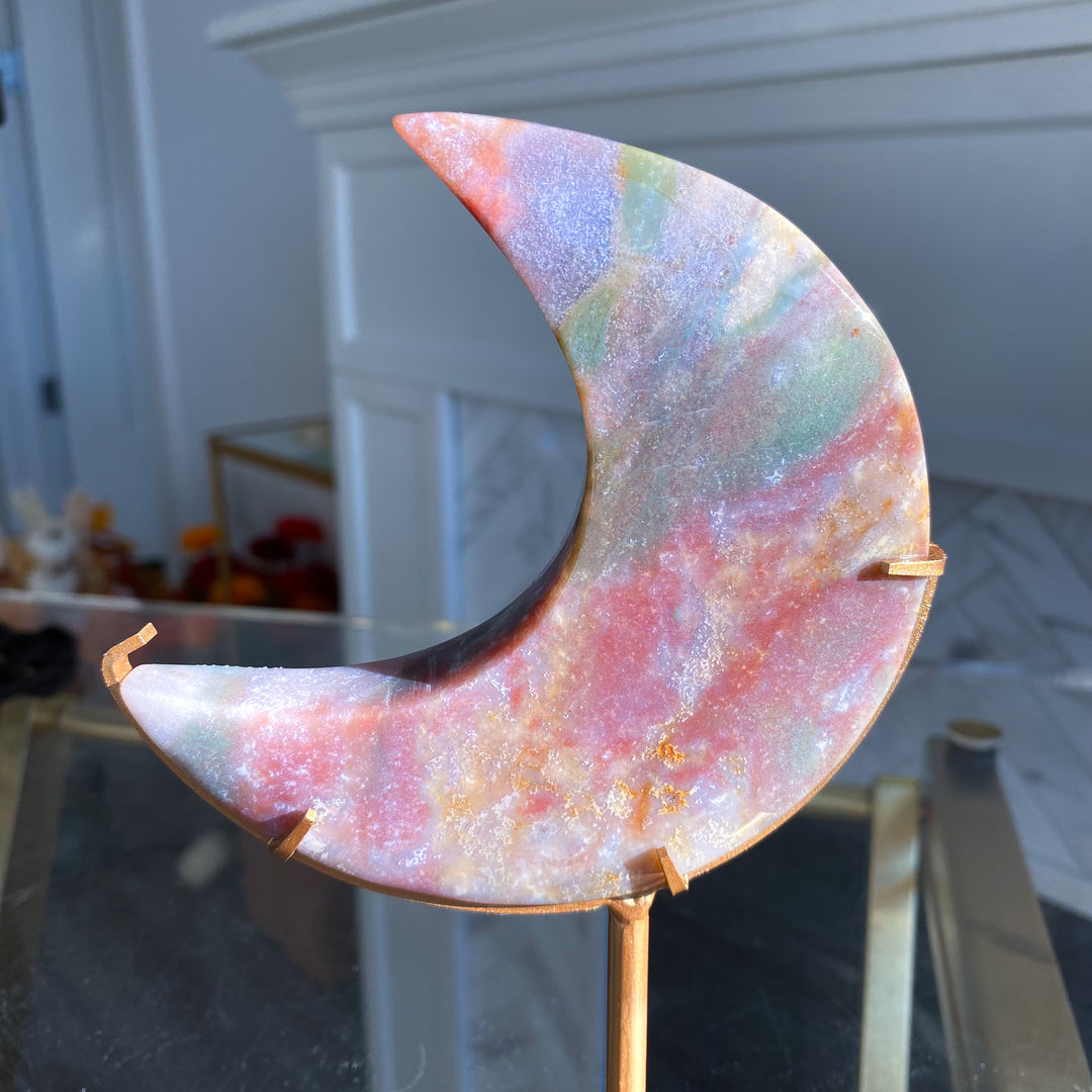 Large Pastel Ocean Jasper Moon on Gold Stand 