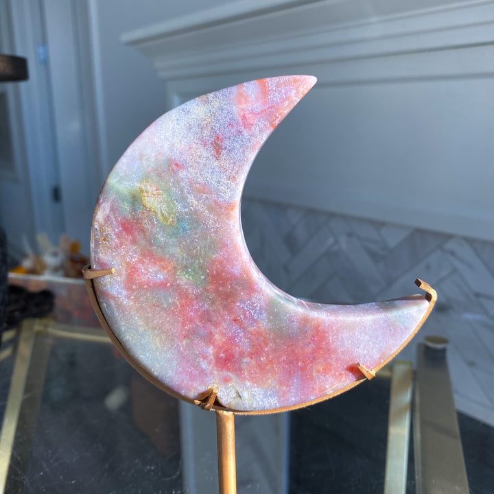 Large Pastel Ocean Jasper Moon on Gold Stand 