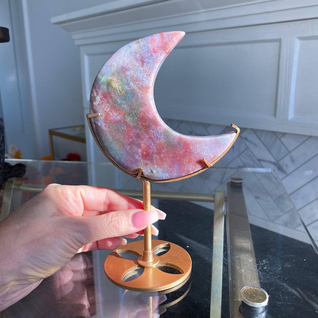 Large Pastel Ocean Jasper Moon on Gold Stand 
